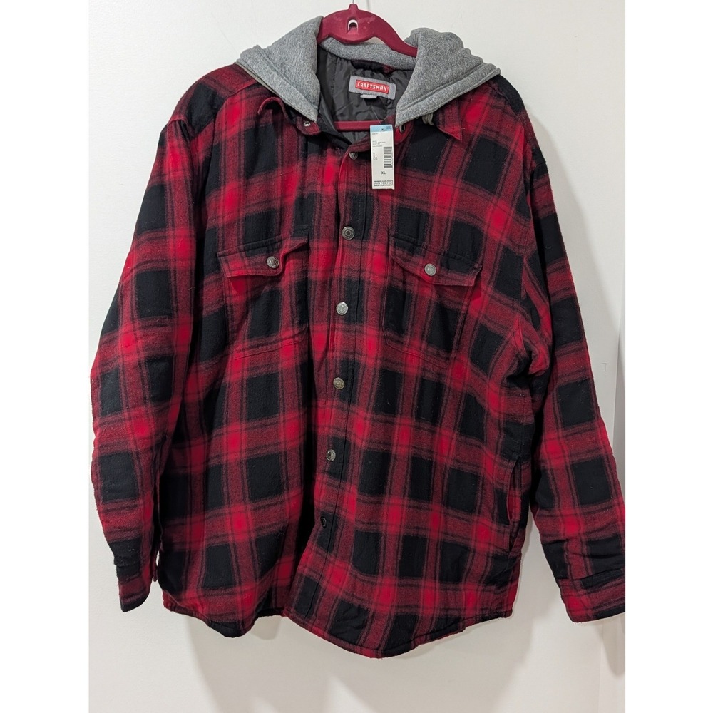 Craftsman Mens Flannel Shirt Jacket Rocket Red Plaid Quilted Hooded XL NEW VTG